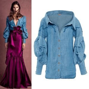 Johanna Ortiz Maxmiliana Off Shoulder Denim Chambray Western Top Size 4 Women's